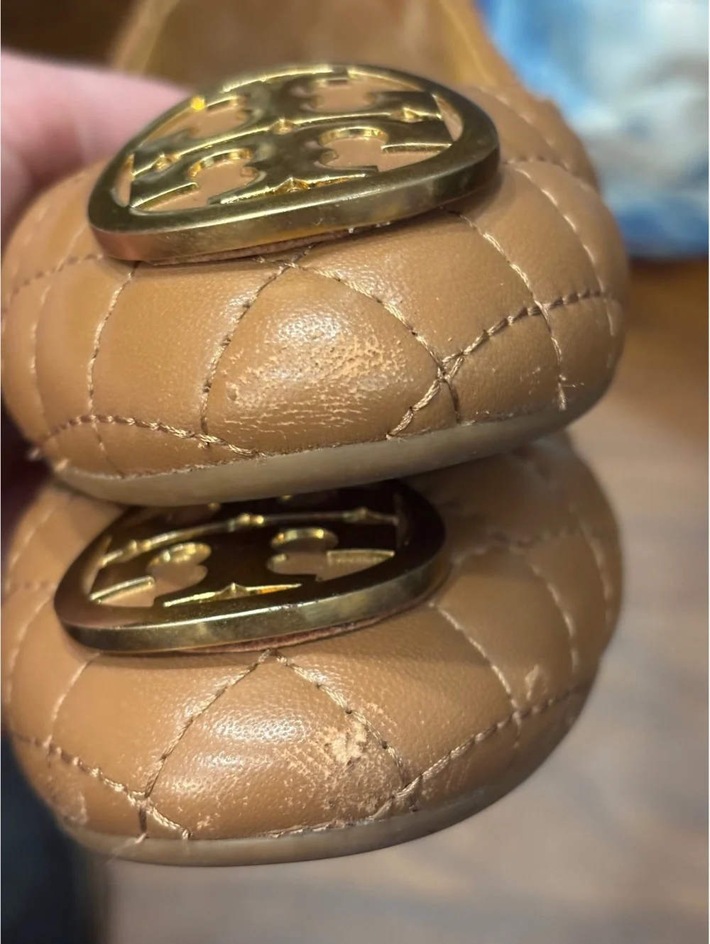 Tory Burch Quilted Leather Ballet Flats in Tan with Gold Logo 6.5